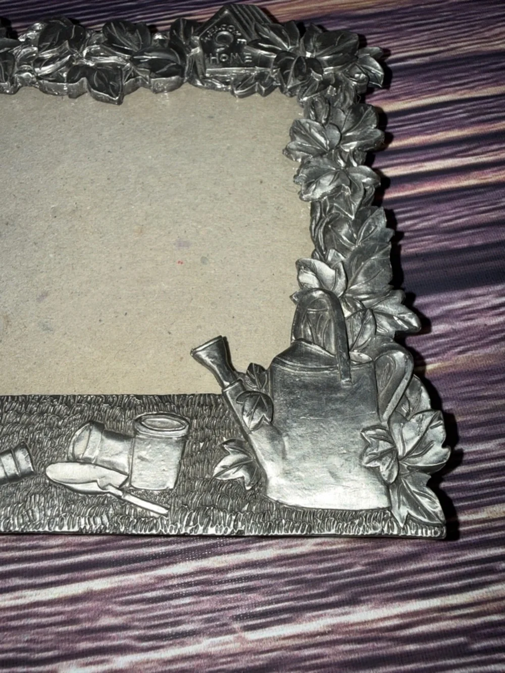 Perfect Art Nouveau Pewter Garden Theme Silver Photo Frame. Watering Can Flowers